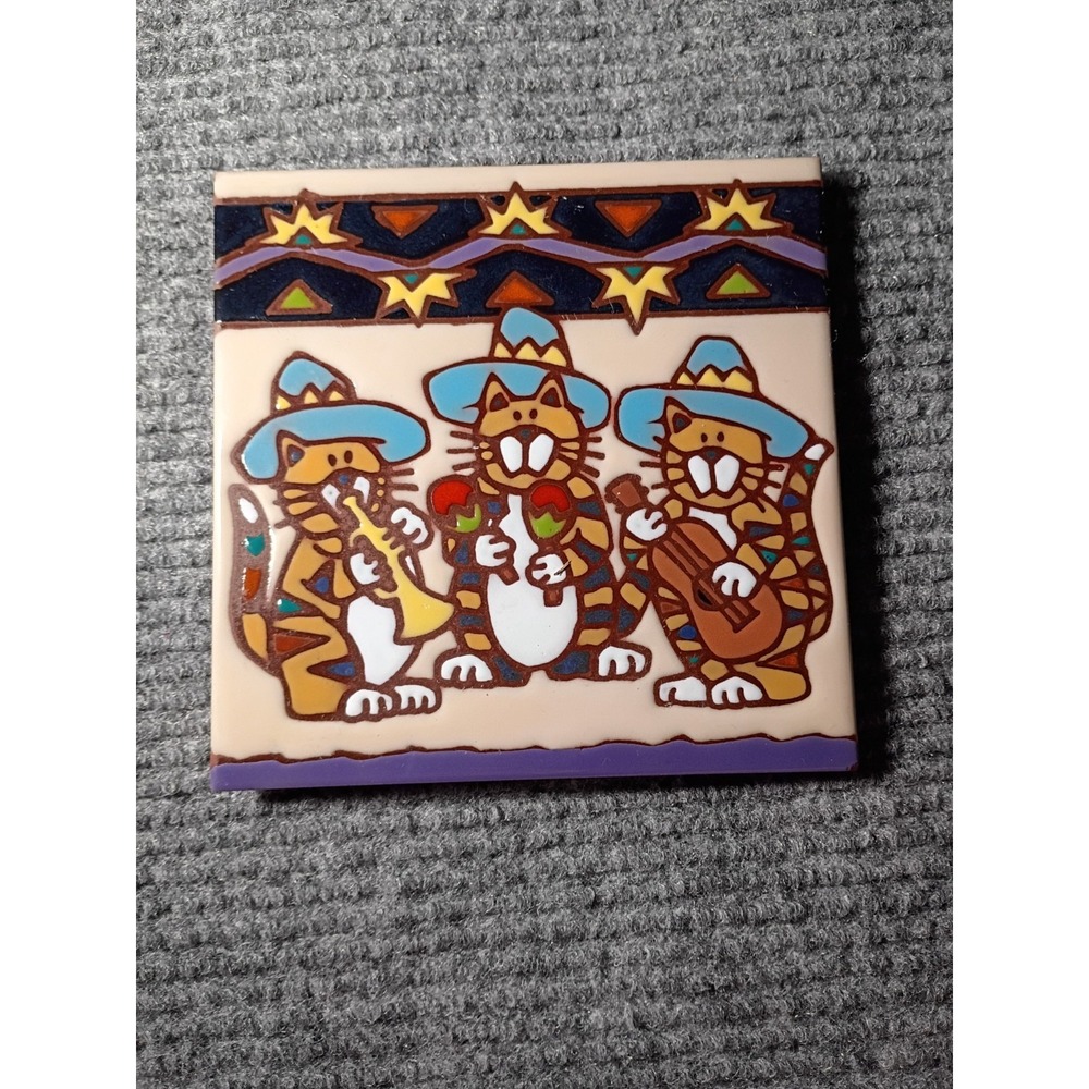 Vintage 2006 Earthtones Ceramic Tile Art Meowriachi Band Decor Made In The USA